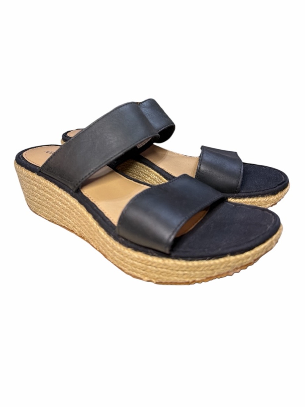 Eddie Bauer Black Leather Wedge Slide Sandals with Espadrille Platform